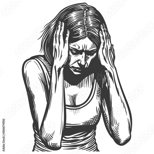 Engraved Depression: Woman Clutching Head, Deep Sorrow, Monochrome Illustration