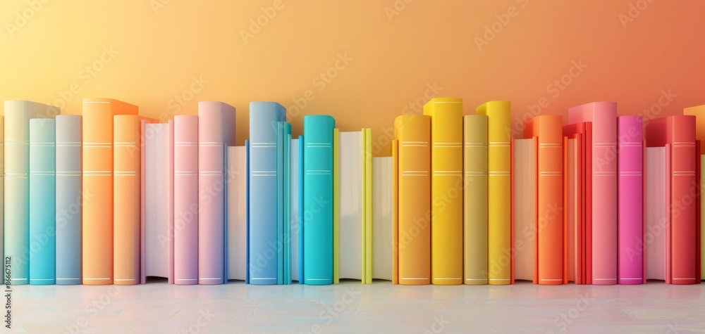 Colorful row of books in a gradient rainbow pattern on a white shelf, set against a warm, gradient background for educational or artistic use.