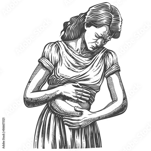 Engraved Woman Clutching Stomach: Ache, Discomfort, Pain, Illness Illustration