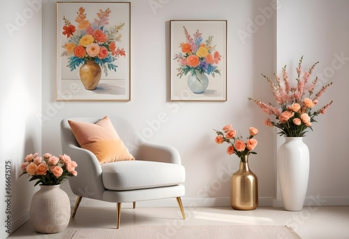 Armchair and porcelain vase with flowers against white wall with a poster