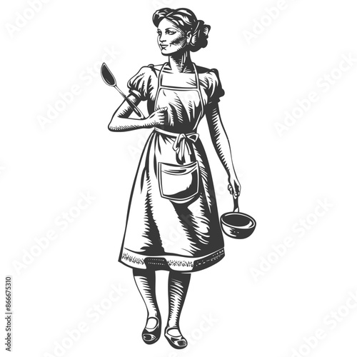 Vintage Housewife: Engraved Woman in Apron with Spoon & Ladle, Kitchen Scene, Domestic Arts.