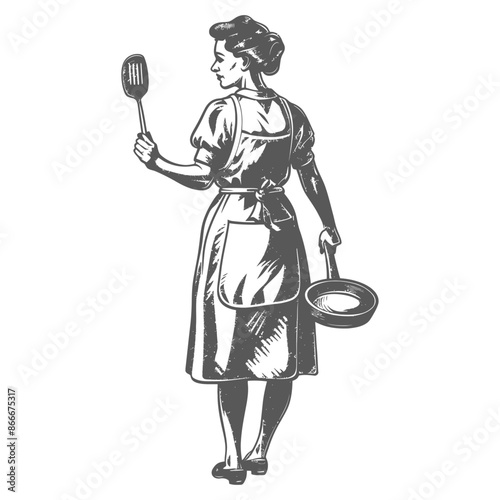 Vintage Housewife: Retro Woman with Spatula & Pan, Engraving Style