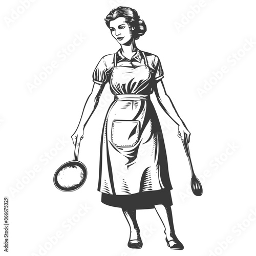 1950s Housewife: Vintage Engraving of a Woman in Apron with Frying Pan and Spoon.