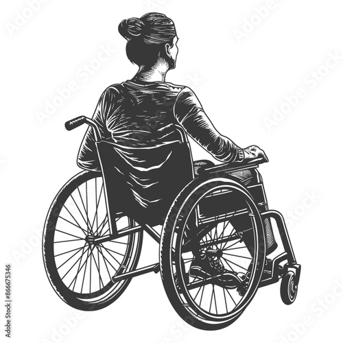Woman in Wheelchair, Engraved Style: Rear View, Disability Awareness, Hopeful Look.