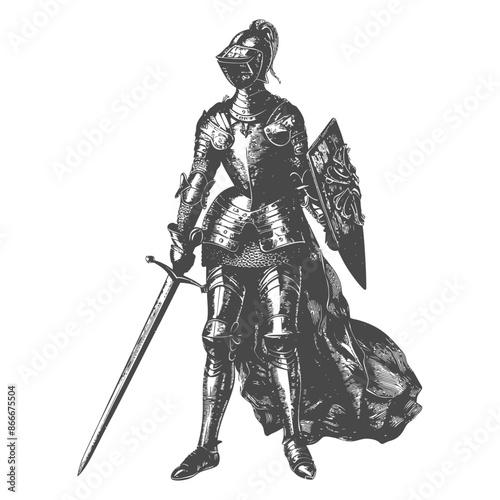 Engraved Knight in Full Plate Armor with Sword and Shield, Detailed Illustration.