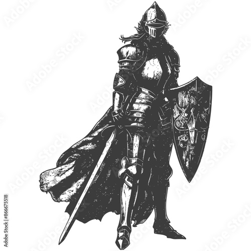 Etched Knight: Full Plate Armor, Sword, and Shield, Monochromatic Illustration.