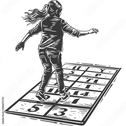 woman playing hopscotch game with engraving style black color only