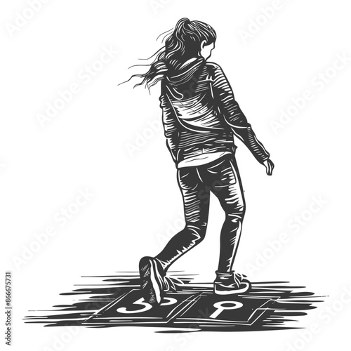 woman playing hopscotch game with engraving style black color only