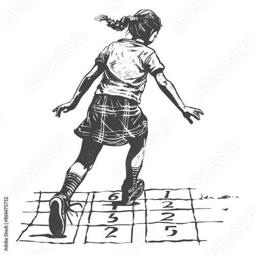 woman playing hopscotch game with engraving style black color only