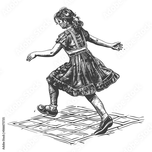 woman playing hopscotch game with engraving style black color only