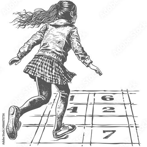 woman playing hopscotch game with engraving style black color only