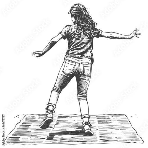 woman playing hopscotch game with engraving style black color only