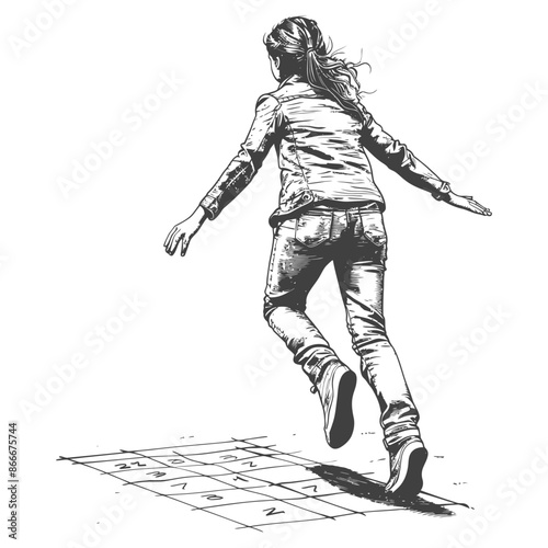 woman playing hopscotch game with engraving style black color only