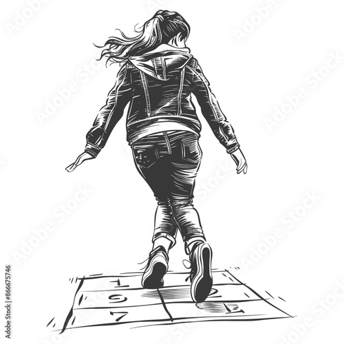 woman playing hopscotch game with engraving style black color only