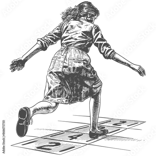 woman playing hopscotch game with engraving style black color only