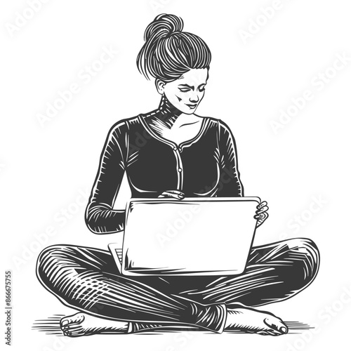 Woman with bun hairstyle sitting cross legged using a laptop