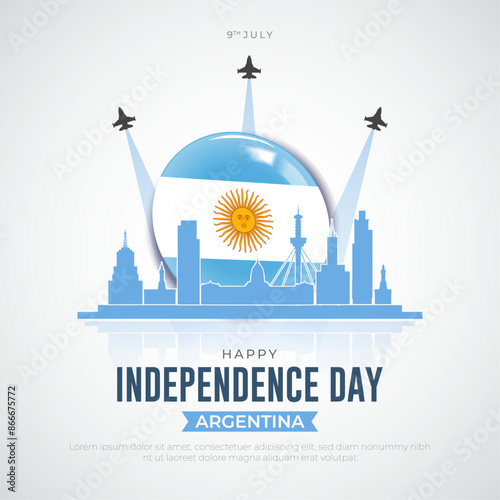 Happy Independence Day Argentina Post and Greeting Card. Argentina Independence Day Banner with Text and Argentina Skyline Vector Illustration