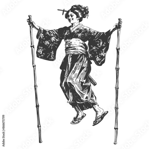 woman playing traditional bamboo dancing bamboo stilts game with engraving style