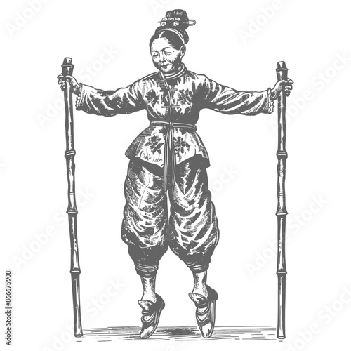 woman playing traditional bamboo dancing bamboo stilts game with engraving style