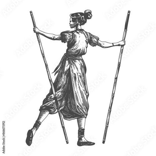 woman playing traditional bamboo dancing bamboo stilts game with engraving style