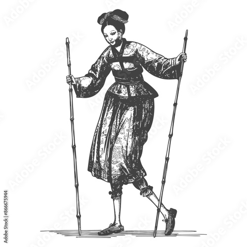 woman playing traditional bamboo dancing bamboo stilts game with engraving style