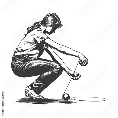 A woman playing with a yo yo crouching down to wind the string 