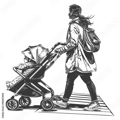 Woman Pushing a Baby Stroller Across a Crosswalk