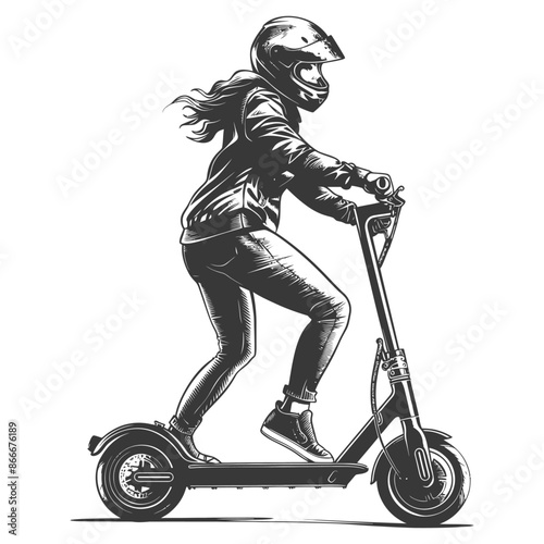 woman riding electric scooter with engraving style black color only