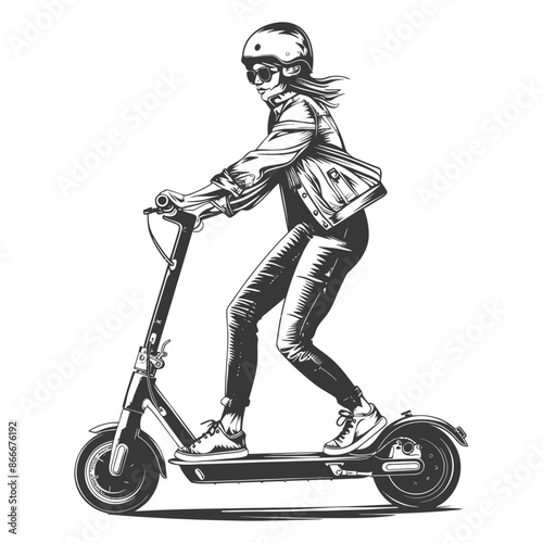 woman riding electric scooter with engraving style black color only