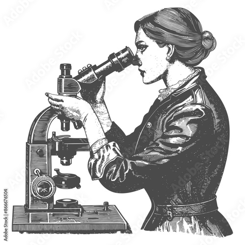 woman scientists looking through microscope with engraving style