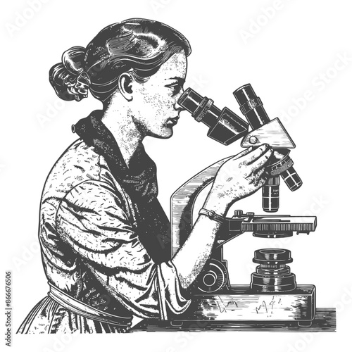 woman scientists looking through microscope with engraving style