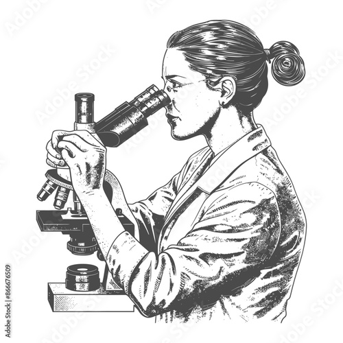 woman scientists looking through microscope with engraving style