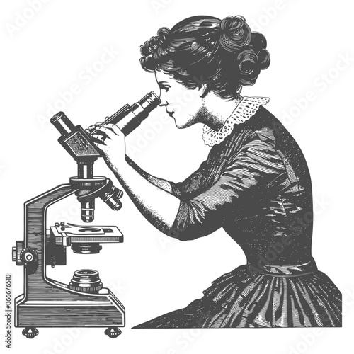 woman scientists looking through microscope with engraving style