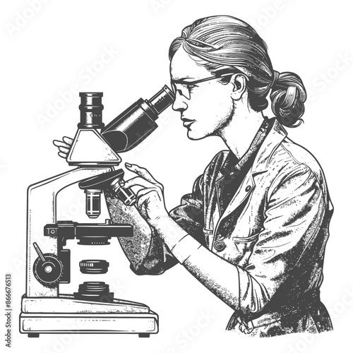 woman scientists looking through microscope with engraving style