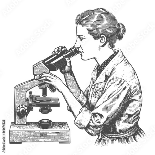 woman scientists looking through microscope with engraving style