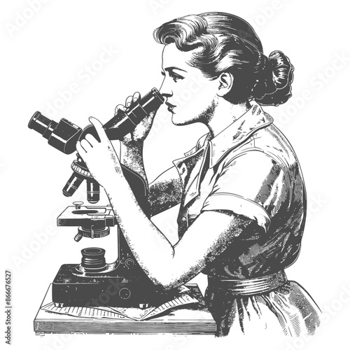 woman scientists looking through microscope with engraving style