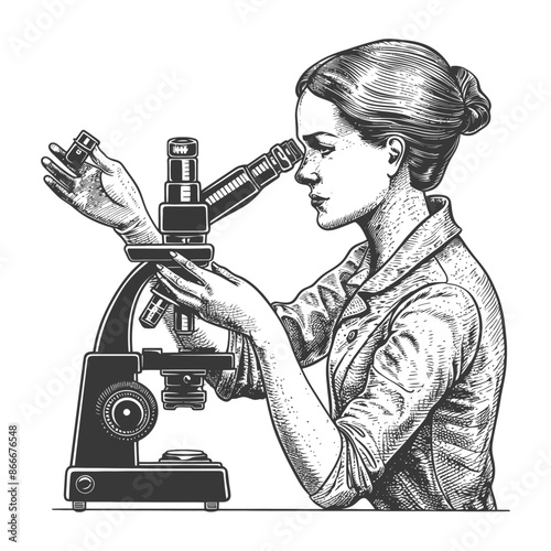 woman scientists looking through microscope with engraving style