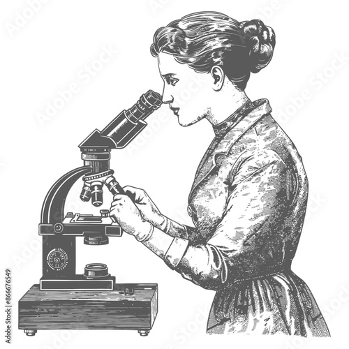 woman scientists looking through microscope with engraving style