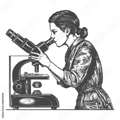 woman scientists looking through microscope with engraving style