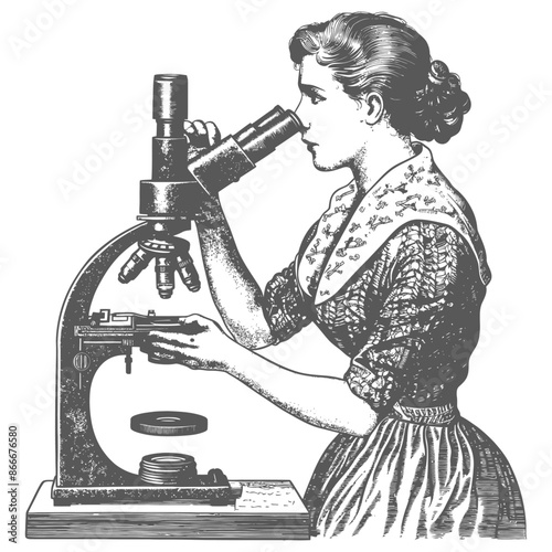 woman scientists looking through microscope with engraving style