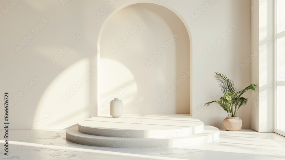 Minimalist White Room With Archway, Platform, And Plant Minimalist White Room With Archway, Platform, And Plant