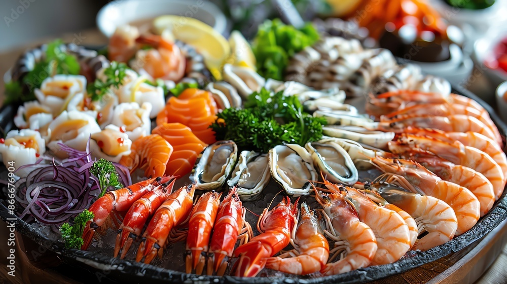 Assortment of fresh seafood on a platter, vibrant and colorful Assortment of fresh seafood on a platter, vibrant and colorful