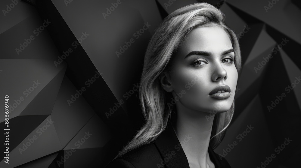 Fashion art studio portrait of elegant blode in geometric black and white background Fashion art studio portrait of elegant blode in geometric black and white background