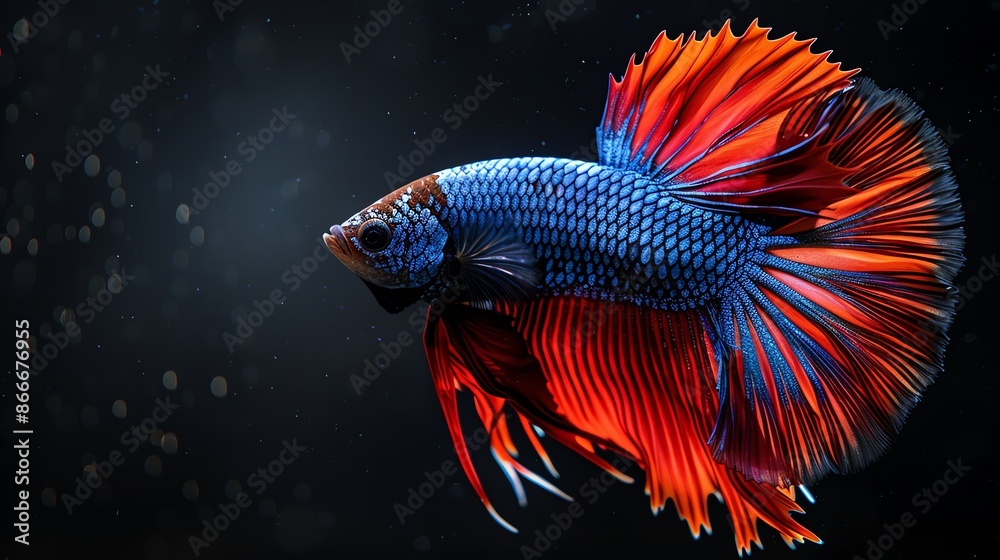 Fototapeta premium Blue and red Betta fish, vivid colors, black background