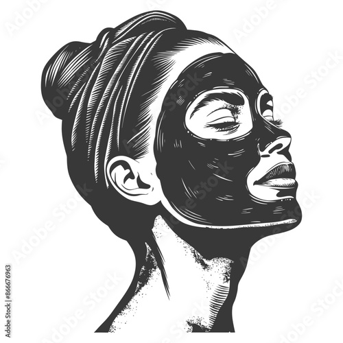 woman using face mask with engraving style black color only