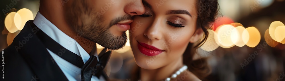 Elegant couple in formal attire, poised and glamorous, closeup Elegant couple in formal attire, poised and glamorous, closeup