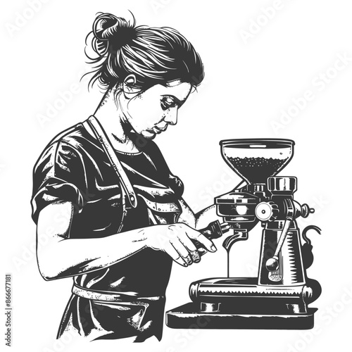 women barista in action with engraving style black color only