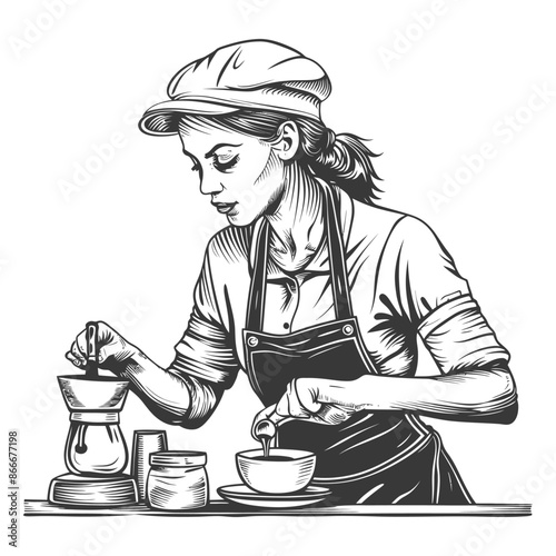 women barista in action with engraving style black color only
