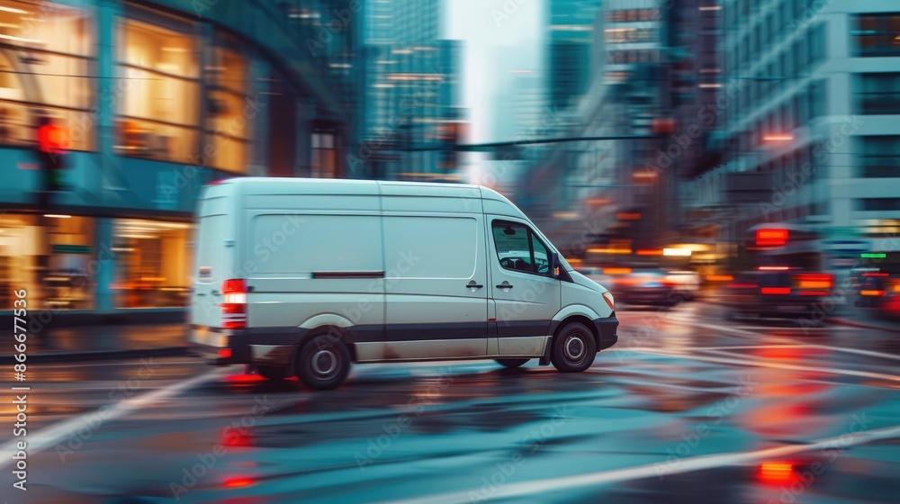 City delivery service: A delivery van and courier navigating busy urban streets, emphasizing prompt home and office deliveries City delivery service: A delivery van and courier navigating busy urban streets, emphasizing prompt home and office deliveries