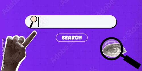 Search bar in retro collage style. Hand with halftone effect. Vector banner with magnifying glass and eye.